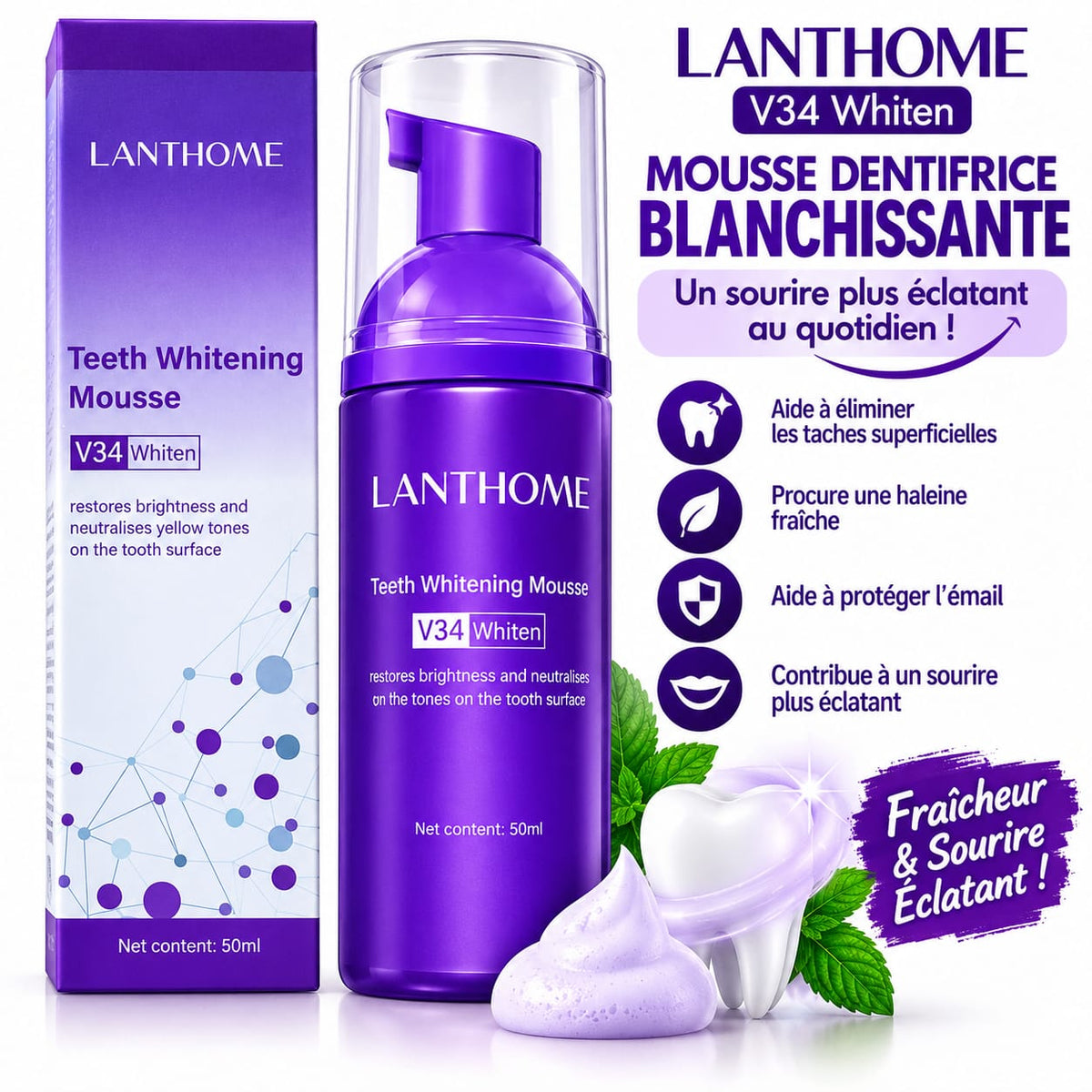 🦷 LANTHOME V34 Whiten – Mousse Dentifrice Blanchissante